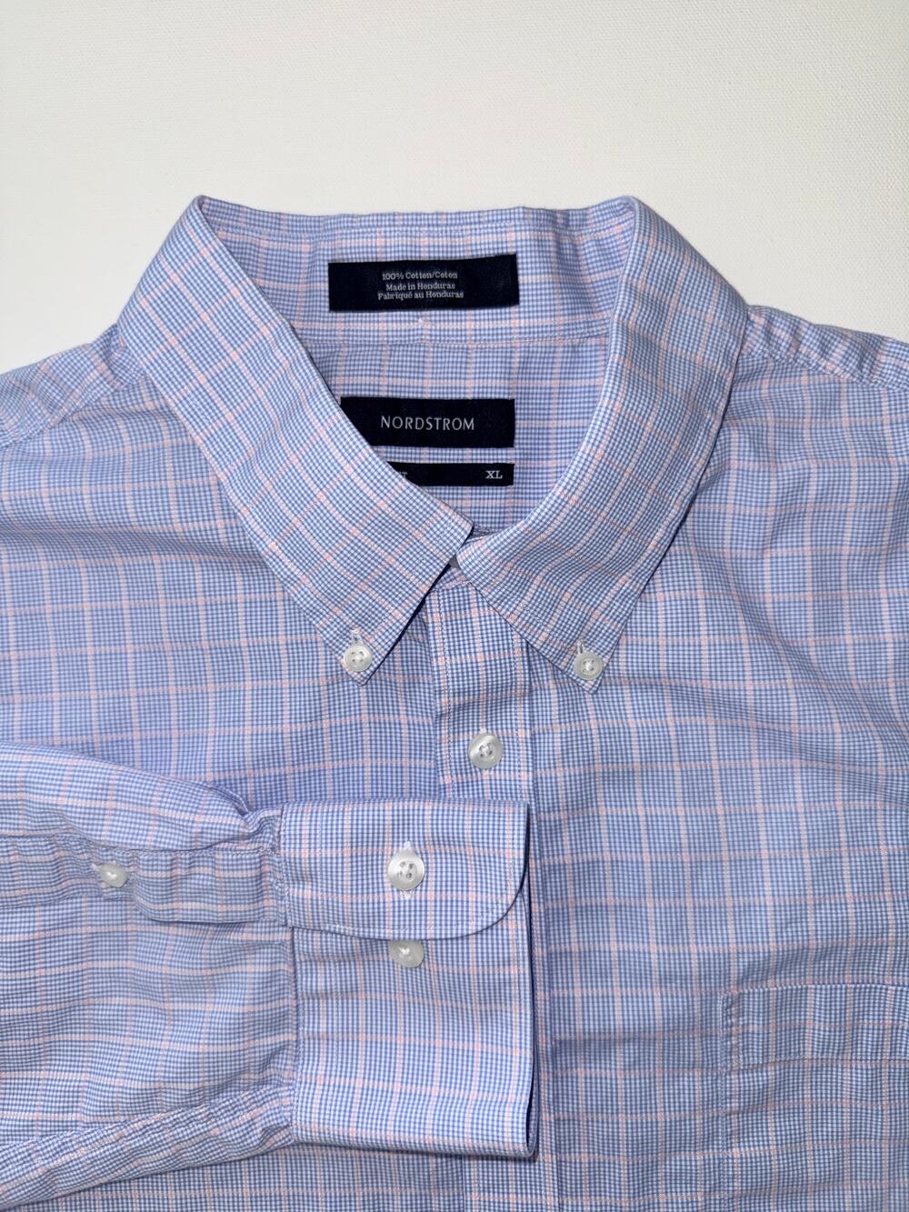 Nordstrom Shirt Men's XL Blue Pink Plaid Check 100% Cotton Button Down